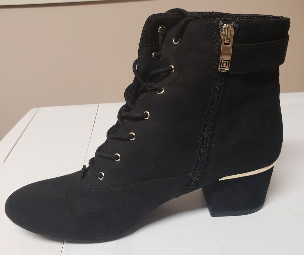 Liz Claiborne Black Faux Suede Lace-Up Ankle Boots Gold Hardware Size 9 PO Good
